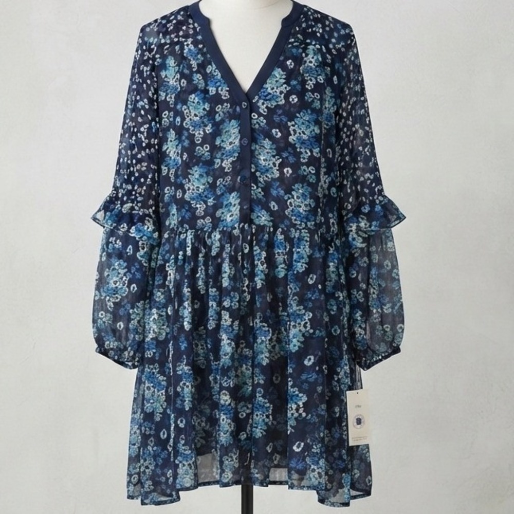 Ophelia Roe Womens Ditzy Floral Chiffon Ruffle Mini Dress/Tunic Navy Blue M NWT